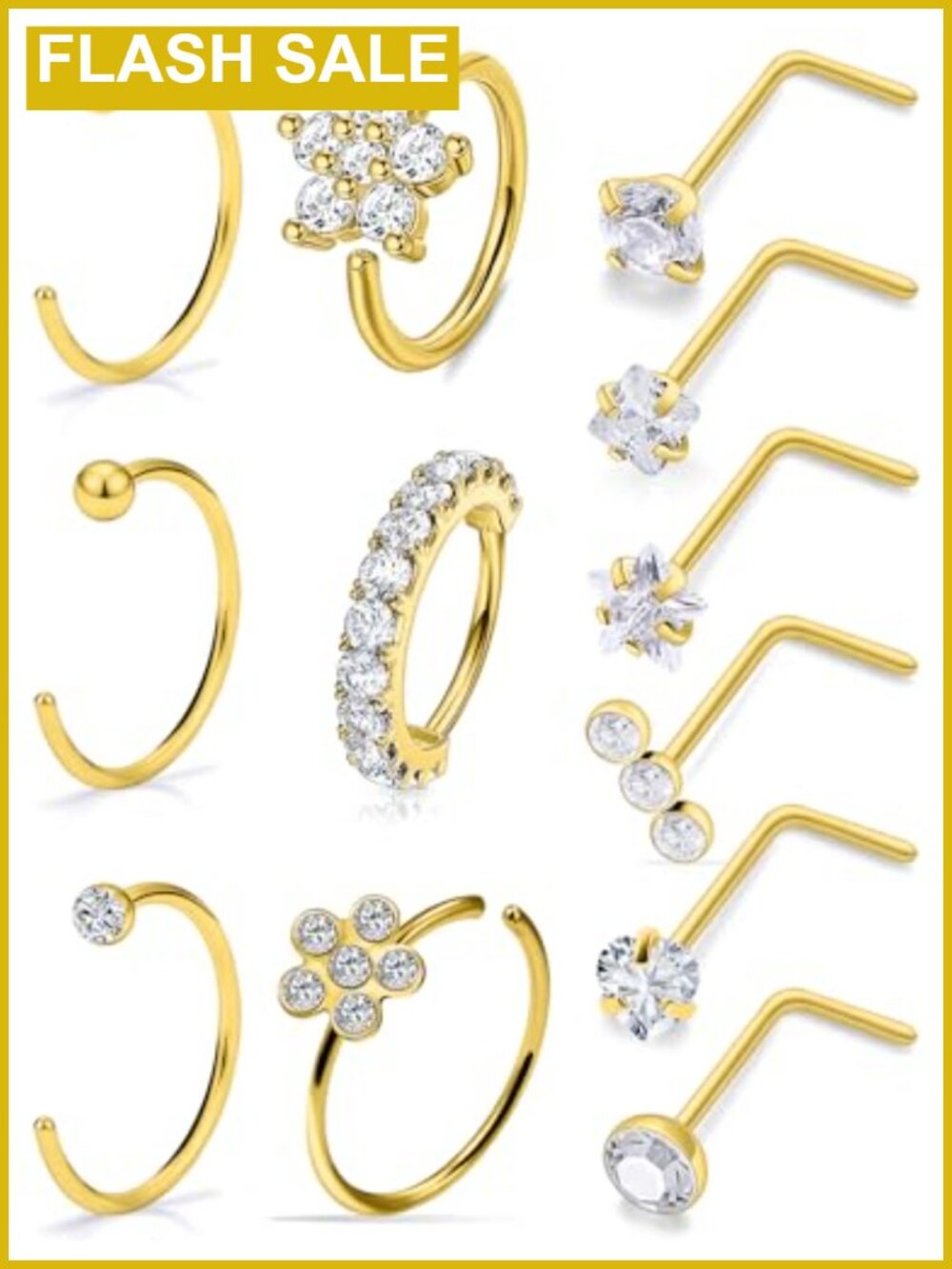 20G Nose Rings Surgical Steel CZ Flower L Shaped Nostril Ring Stud Set 12PCS